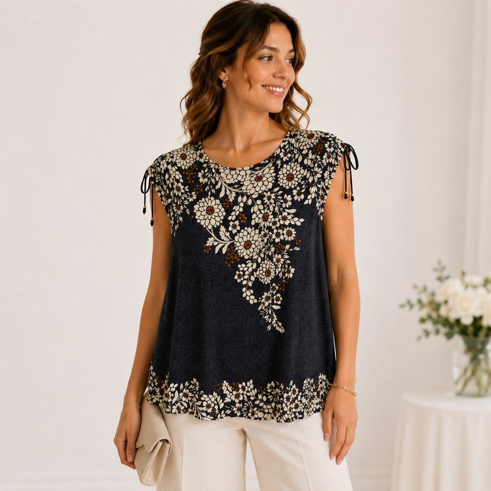 Susan Graver Liquid Knit Blouse Women's Size 3X Black Floral Boho Office Casual